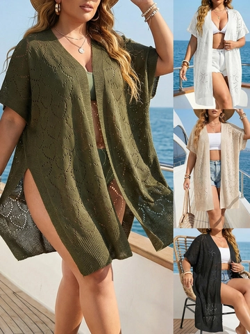 Women Plus Size Heart Crochet Beach Cover Up Loose Open Front Knit Cardigan Summer Vacation Swimsuit Bathing Suit Wrap