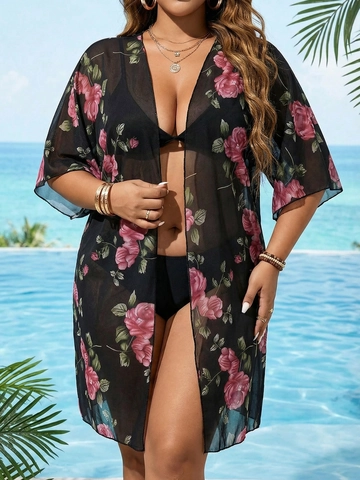 Plus Size Women Floral Print Mesh Beach Cover Up Kimono Cardigan Sheer Rose Pattern Bikini Coverup For Summer Vacation Resort Top