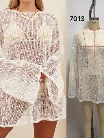 Dames Doorschijnend Haken Mesh Strand Cover Up Pailletten Glinsterende Lange Mouw Losse Pasvorm Gebreide Badmode Vakantie
