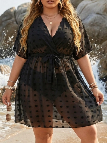 Plus Size Women Deep V Neck Swiss Dot Chiffon Beach Cover Up Dress Tied Waist Short Sleeve Bikini Swimwear Bathing Suit Wrap