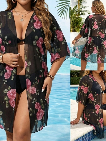 Plus Size Damen Rose Blumendruck Netz Strand Überwurf Durchsichtig Fledermausärmel Bikini Coverup Vorne Offen Cardigan Badeanzug Kap