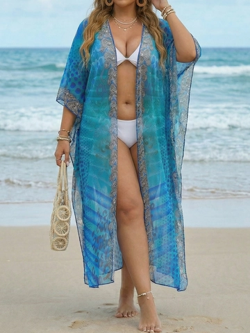 Plus Size Women Bohemian Mixed Print Beach Cover Up Polyester Kimono Cardigan Long Open Front Bikini Blue Cover-Up