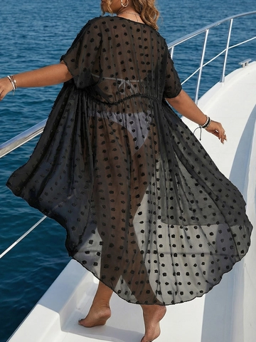 Γυναικείο Κάλυμμα Παραλίας Plus Size Διάφανη Σήτα Πουά Ζακέτα V-Λαιμόκοψη Ασύμμετρο Στρίφωμα Διακοπών Top