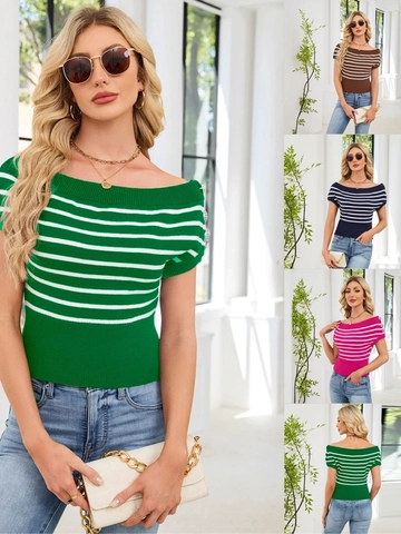 Women Off Shoulder Horizontal Striped Short Sleeve Knit Top Slim Fit Ribbed Hem Rib Knit Shirt With Shoulder Decorative Buttons