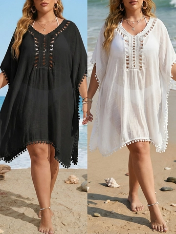 Salida de Baño Tallas Grandes Mujer Ganchillo Calado Pom Poms Cuello V Holgado Transparente Borla Kaftán Verano Vacaciones Vestido Top