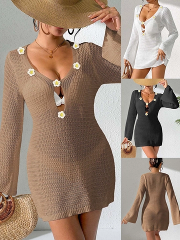 Women Sexy Deep V Hollow Out Flare Sleeve Crochet Beach Cover-up Daisy Flower Mini Dress Bohemian Vacation Knitwear Top