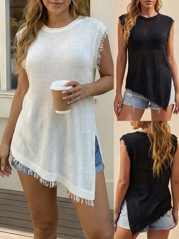 Camiseta sin Mangas de Punto Casual para Mujer Color Sólido Dobladillo Asimétrico con Borlas Cuello Redondo