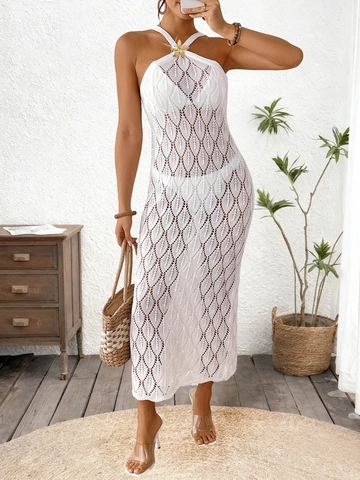 Vestido de Playa de Ganchillo Sexy para Mujer Cuello Halter Decoración Estrella de Mar Espalda Descubierta Sin Mangas Cover Up de Verano