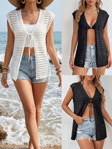 Damen Sexy Gehäkelte Strandabdeckung V-Ausschnitt Bindeband Ärmellose Strickweste Böhmische Urlaubs-Sonnenschutz-Top