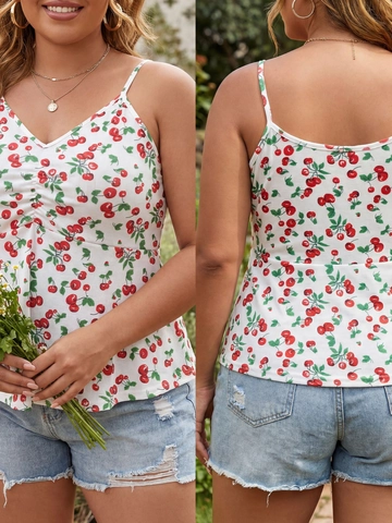 Plus Size Women Cherry Print Camisole V Neck Ruffle Hem Tank Top Sweet Summer Sleeveless Polyester Ribbed Vest For Ladies