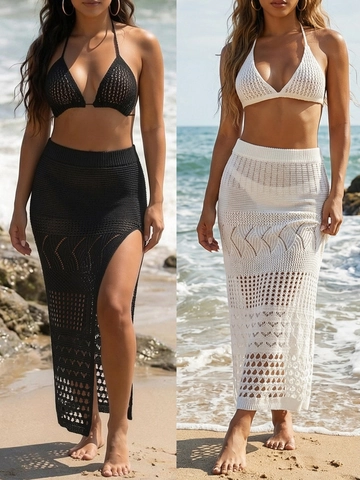 Women Crochet Bikini Top And Hollow Out Maxi Skirt Set Bohemian Split Knitted Two Piece Beach Resort Wear Top And Bottom