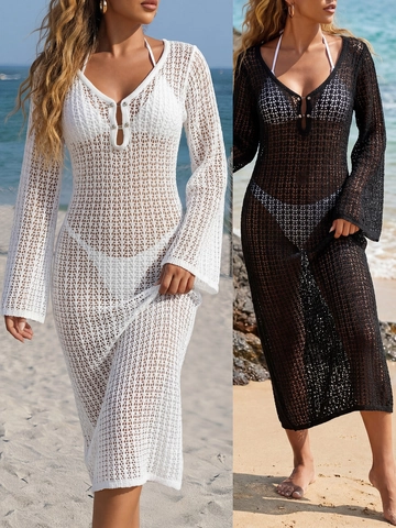 Robe de Plage au Crochet pour Femmes Col en V Profond Manches Longues Maillot de Bain Cover Up Robe Maxi Ajourée