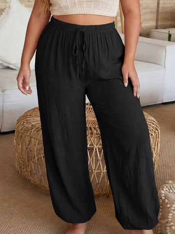 Women Plus Size Solid Black Drawstring Elastic Waist Wide Leg Lantern Pants Summer Lightweight See Through Beach Cover Up Trousers