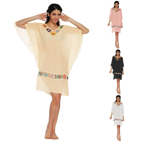 Copricostume da Spiaggia Bohemien da Donna Patchwork di Fiori all'Uncinetto Scollo a V Manica a Pipistrello Abito Midi