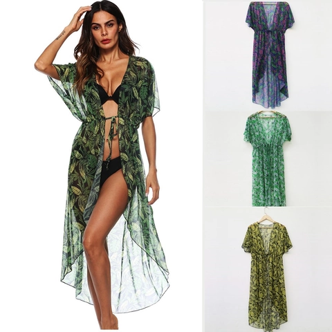 Damen Tropisch Blatt Druck Chiffon Strand Abdeckung Sexy Schnürung Cardigan Sonnenschutz Badeanzug Wickel Für Urlaub