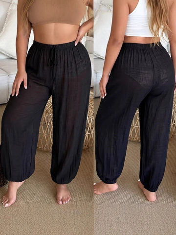 Women Plus Size Solid Black Drawstring Elastic Waist Wide Leg Lantern Pants Summer Lightweight See Through Beach Cover Up Trousers