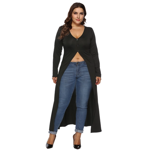 Women Sexy V Neck Button Front High Slit Maxi Dress Slim Fit Solid Color Long Sleeve Irregular Hem Long Dress