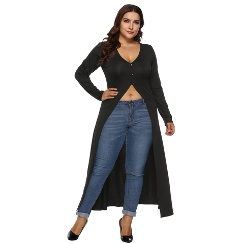 Women Sexy V Neck Button Front High Slit Maxi Dress Slim Fit Solid Color Long Sleeve Irregular Hem Long Dress