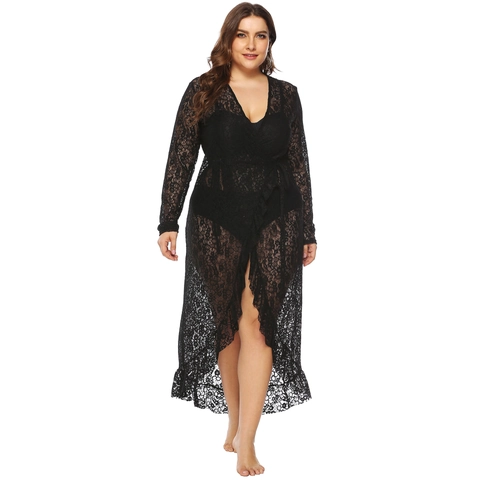 Pareo de Playa de Encaje Floral de Talla Grande para Mujer Cuello en V Manga Larga Dobladillo Irregular Vestido Maxi con Cinturón