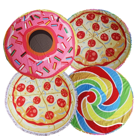 Creative Round Food Print Beach Towel Polyester Sunscreen Shawl Pizza Donut Lollipop Pattern Travel Picnic Blanket For Women