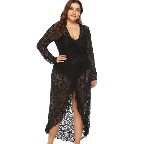 Pareo de Playa de Encaje Floral de Talla Grande para Mujer Cuello en V Manga Larga Dobladillo Irregular Vestido Maxi con Cinturón