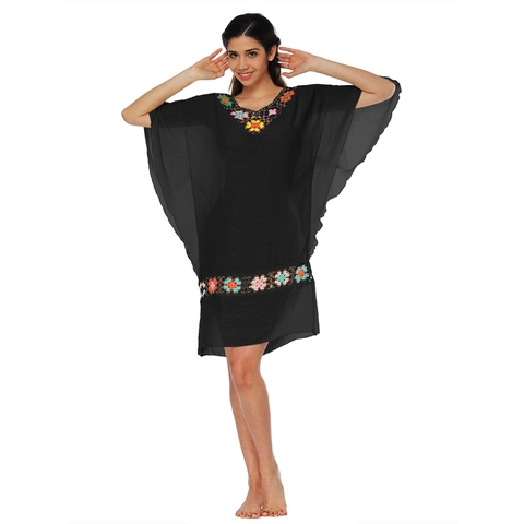 Copricostume da Spiaggia Bohemien da Donna Patchwork di Fiori all'Uncinetto Scollo a V Manica a Pipistrello Abito Midi