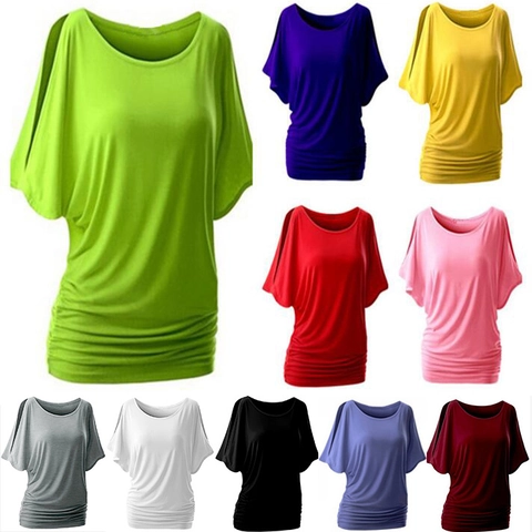 T-shirt Grande Taille pour Femmes Épaules Dénudées Manches Chauve-souris Haut Décontracté Col Rond Ample Manches Courtes