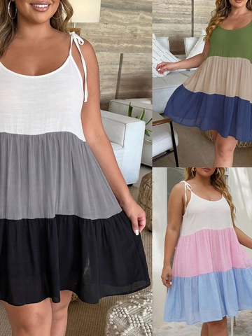Plus Size Women Casual Sleeveless Tiered Midi Dress Color Block Patchwork Sun Dress Summer Beach Vacation Sundrop Outfit