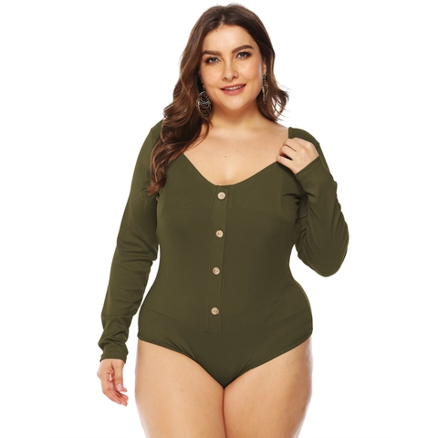 Bodysuit Donna Taglie Forti Sexy Schiena Scoperta Manica Lunga Tinta Unita Lavorazione a Costine Scollo a V Bottoni Jumpsuit