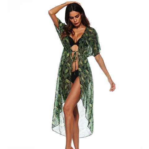 Damen Tropisch Blatt Druck Chiffon Strand Abdeckung Sexy Schnürung Cardigan Sonnenschutz Badeanzug Wickel Für Urlaub