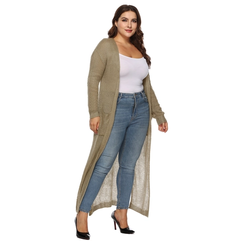 Women's Plus Size Long Cardigan Thick Knit Sweater Extra Long Open Front Hollow Out Solid Color Knitwear Top