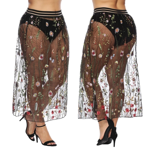 Damen Blumenstickerei Netz Midi Rock Transparent A-Linie Spitze Rock Elastischer Bund Hohe Taille Sommerurlaub Rock