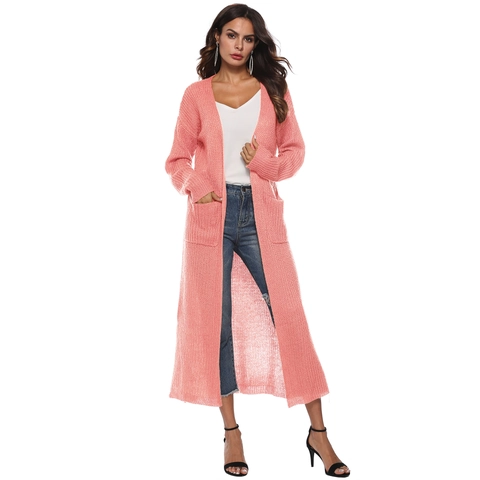 Women Casual Acrylic Long Knit Cardigan Open Front Solid Color Sweater With Pockets Fashion Long Sleeve Outerwear Coat