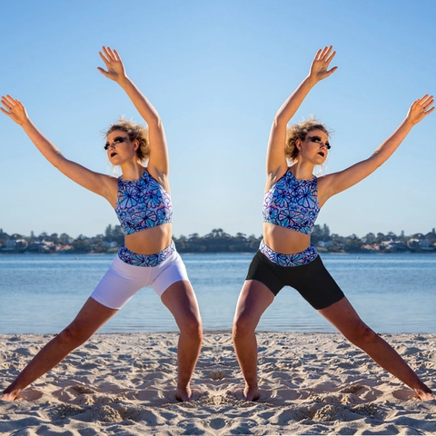 Women Floral Print Top And Biker Shorts Sports Set Round Neck Crop Vest High Waist Yoga Beachwear Swimwear