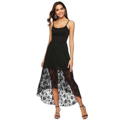 Women's Sexy Lace Patchwork Camisole Midi Dress Irregular High-Low Hem Sleeveless Backless Solid Color Summer Party Clubwear