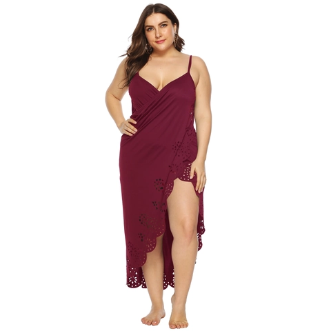 Women Plus Size Sexy Spaghetti Strap Wrap Dress Laser Cut Hollow Out Irregular Hem Beach Cover Up Dress V Neck Summer Midi Dress