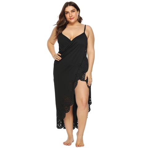 Plus Size Women Laser Cut Floral Beach Cover Up Wrap Dress Spaghetti Strap Hollow Out Sarong Vacation Swimwear