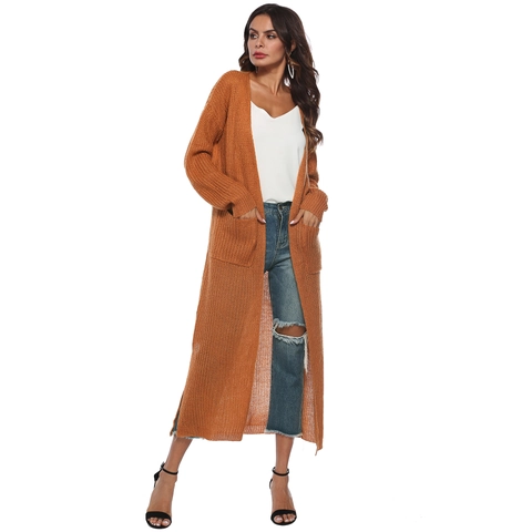 Dames Mohair Mix Lange Cardigan Effen Kleur Geborsteld Gebreide Jas Met Zakken Zijsplit Open Voorkant Streetwear Top