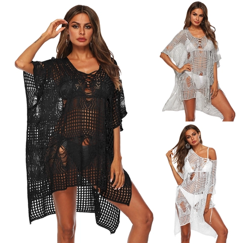 Women Sexy V Neck Crochet Beach Cover Up Cut Out Knit Solid Color Irregular Hem Loose Bikini Smock Top For Summer Vacation