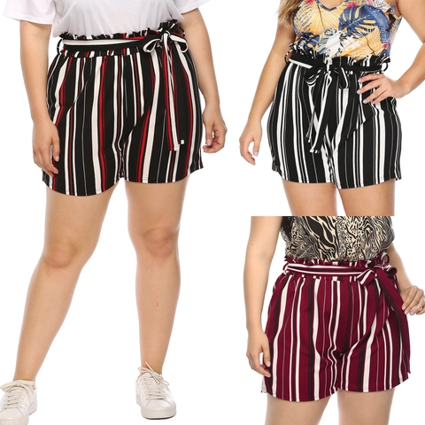 Plus Size Women Striped Patchwork Shorts High Waist Bow Lace Up Loose Casual Streetwear Shorts Cotton Blend Plus Size Bottom