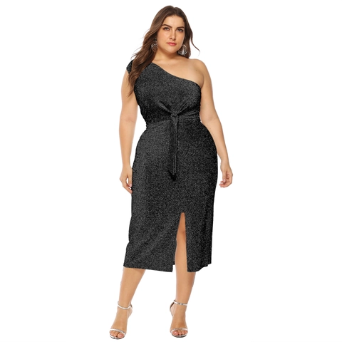 Vestido Midi Ajustado Sexy de Tallas Grandes para Mujer Un Hombro Anudado Con Abertura Alta Brillo Color Sólido Vestido de Noche Fiesta