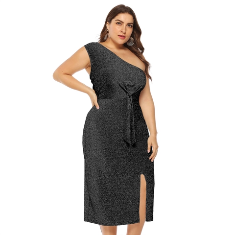Vestido Midi Ajustado Sexy de Tallas Grandes para Mujer Un Hombro Anudado Con Abertura Alta Brillo Color Sólido Vestido de Noche Fiesta