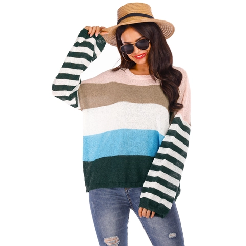 Suéter de Punto a Rayas Color Block para Mujer Cuello Redondo Holgado Hombros Caídos Patchwork Pullover de Manga Larga Top de Otoño Invierno
