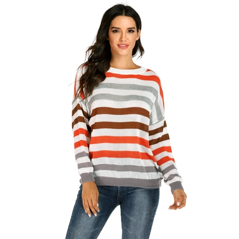 Women Casual Striped Knit Sweater Acrylic Crew Neck Long Sleeve Loose Fit Drop Shoulder Color Block Pullover Top