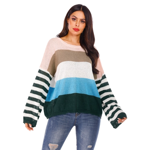 Suéter de Punto a Rayas Color Block para Mujer Cuello Redondo Holgado Hombros Caídos Patchwork Pullover de Manga Larga Top de Otoño Invierno