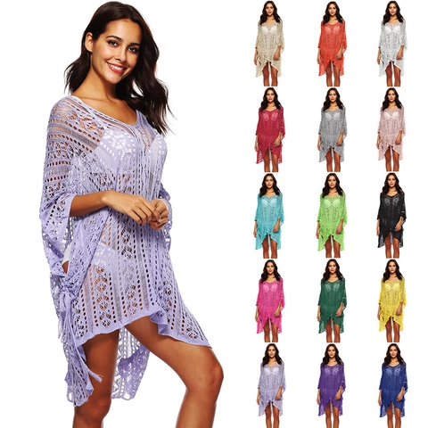 Cubierta de Playa de Ganchillo para Mujer Cuello en V Hueco Color Sólido Manga Murciélago Borlas Vacaciones Verano Top