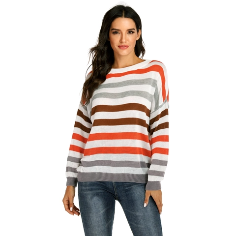 Women Casual Striped Knit Sweater Acrylic Crew Neck Long Sleeve Loose Fit Drop Shoulder Color Block Pullover Top
