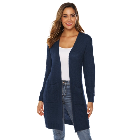 Mujer Casual Color Sólido Manga Larga Cárdigan de Punto Suéter Con Bolsillos Frente Abierto Largo Otoño Invierno