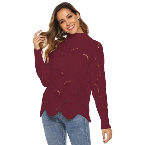 Suéter de Punto Calado con Cuello Alto para Mujer Borde Ondulato Color Sólido Manga Larga Pulóver Casual Elegante Otoño Invierno
