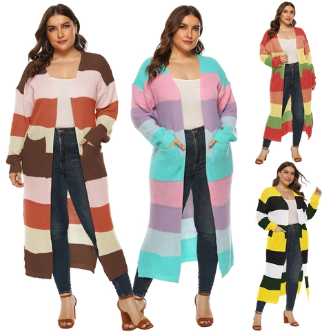Γυναικεία Casual Μακριά Πλεκτή Ζακέτα Color Block Ανοιχτή Μπροστά Ριγέ Πουλόβερ Με Τσέπες Πλευρικό Σχίσιμο Πλεκτά